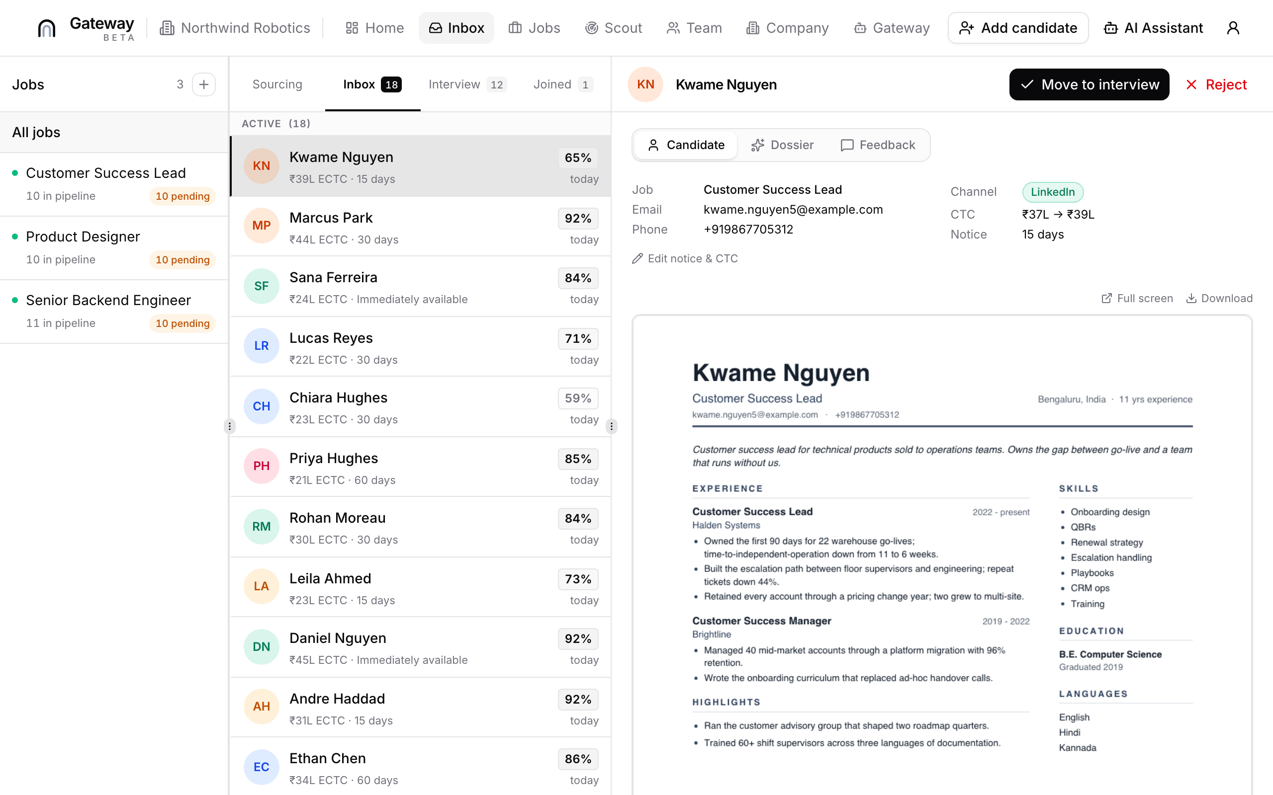 Screenshot: applicant inbox with candidate dossier