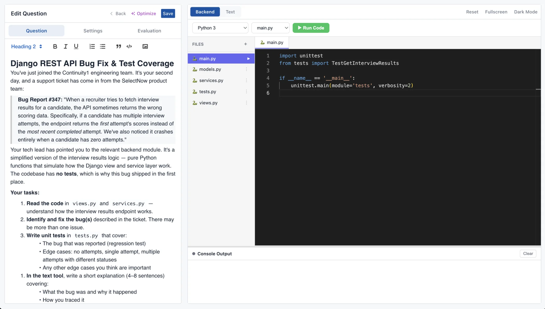Engineering assessment with a multi-file code environment, runnable tests and console output
