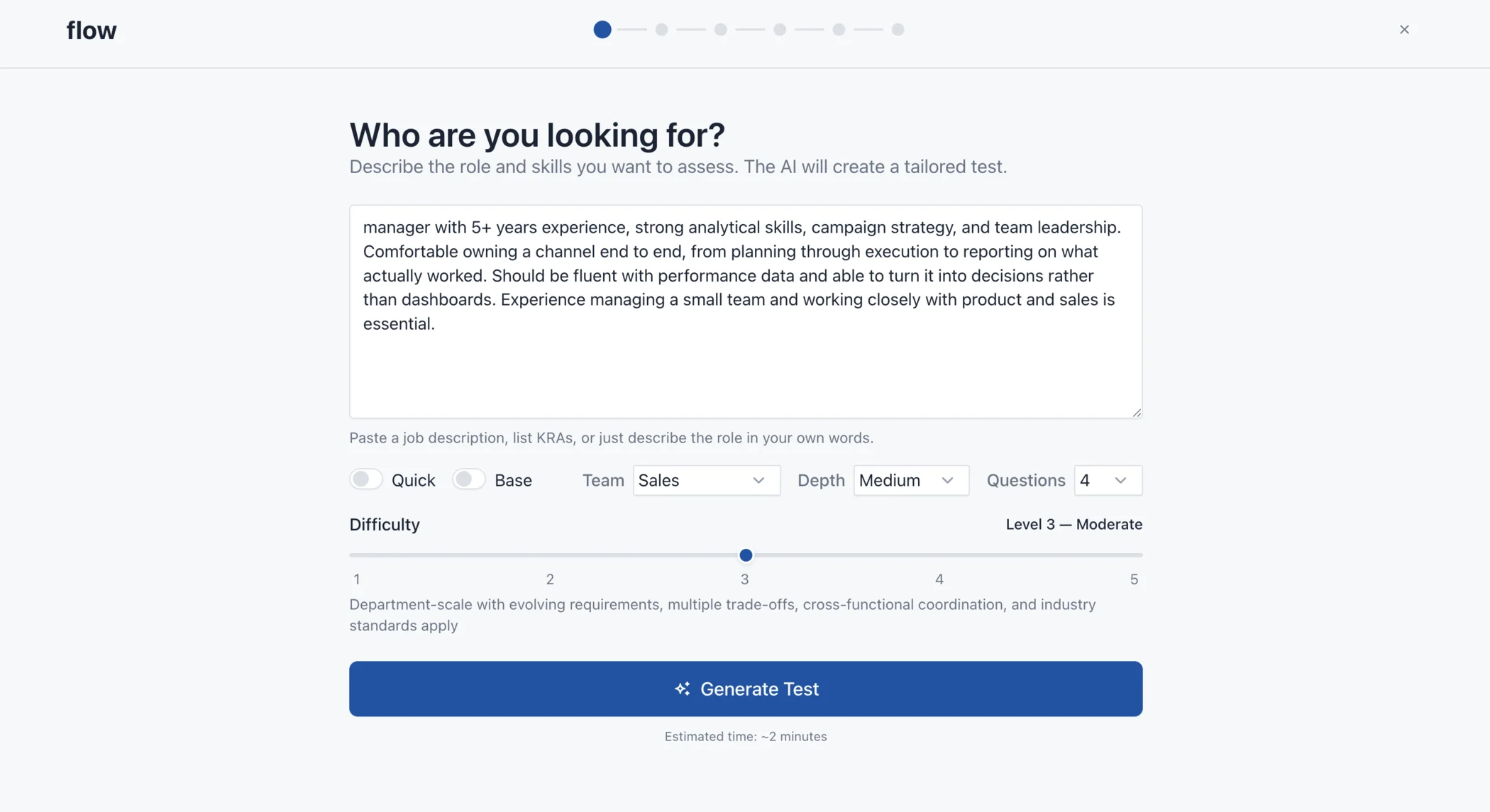 FlowQube test generation: describe the role, set team, depth and difficulty, and generate a test in about two minutes