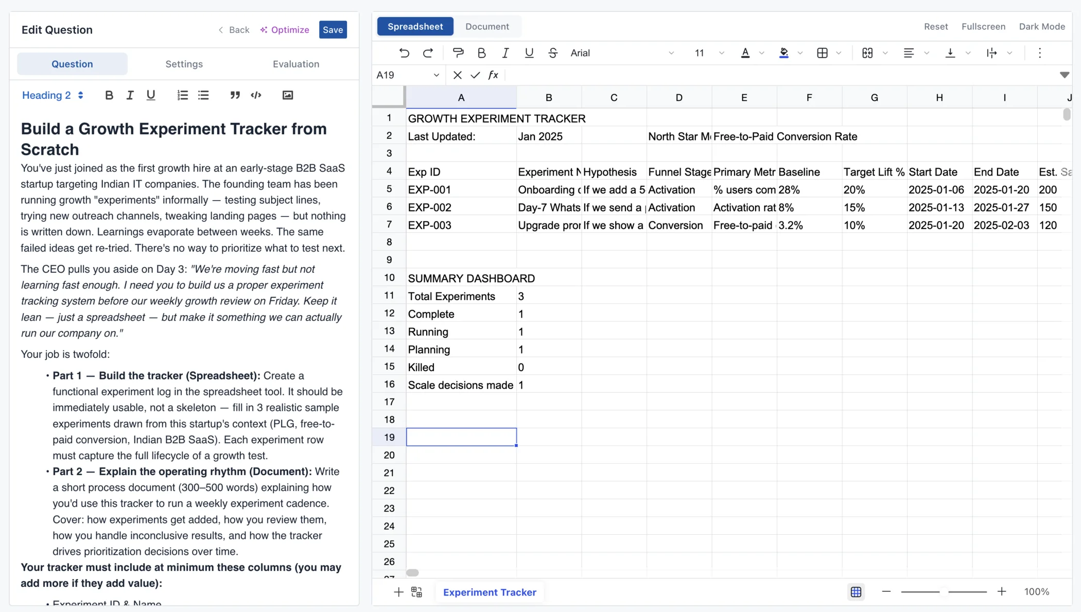 A work simulation with a real spreadsheet: building a growth experiment tracker inside the assessment