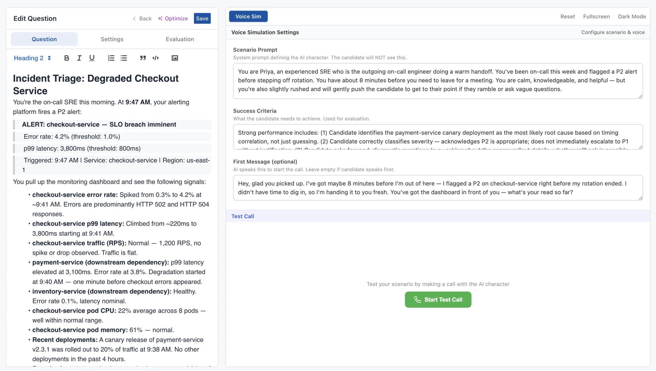 Building a live voice simulation: an AI character, success criteria, and a test call for an incident-triage scenario