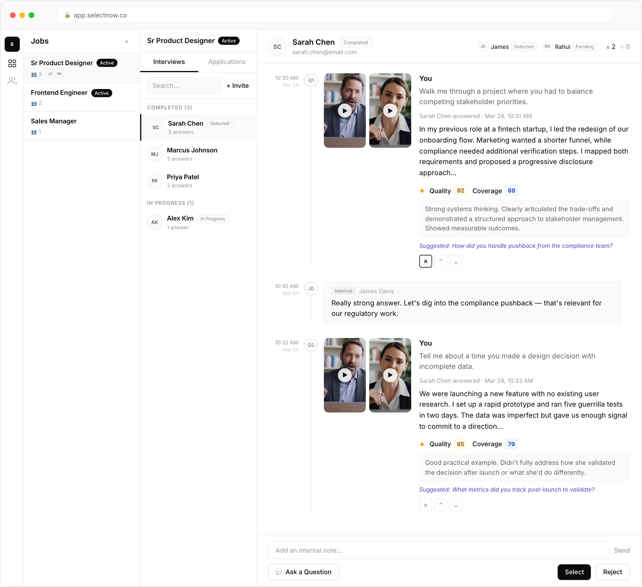 The SelectNow interview workspace: candidate thread with video answers, AI quality and coverage scores, written analysis, suggested follow-ups, panel votes and internal chat